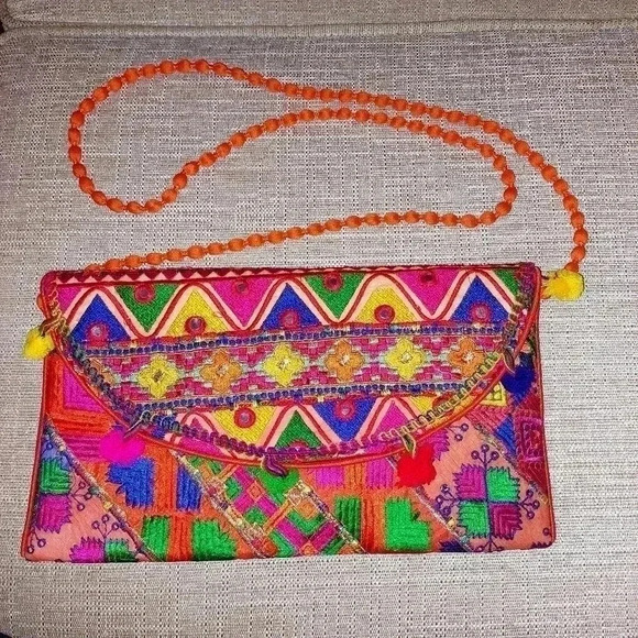 Multicolor Clutch Bag with Thread Embroidery All-Over and Mirrors. - Picture 1 of 8